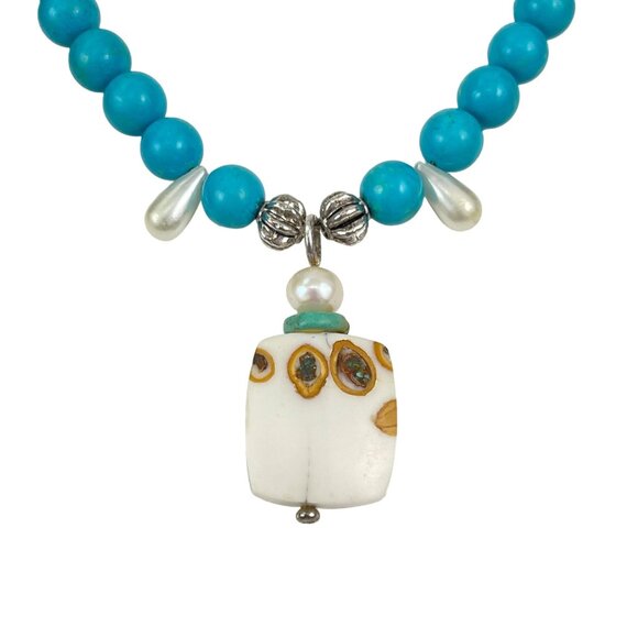 Handcrafted Faux Turquoise Bead Necklace With Unique Ceramic Pendant and Metal A - Picture 2 of 9
